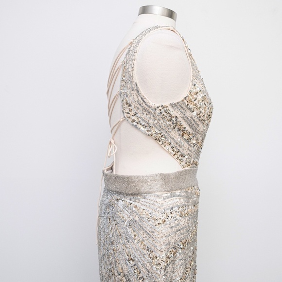 Mac Duggal. Sequined One Shoulder Draped Lace Up Gown. - Picture 9 of 15